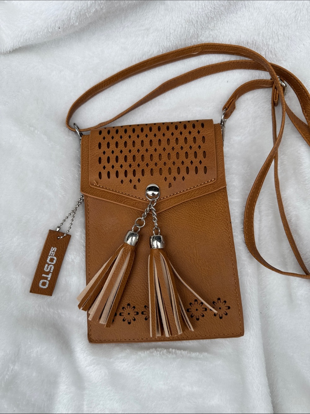 Leather-Look Tan Perforated Crossbody with Tassels
